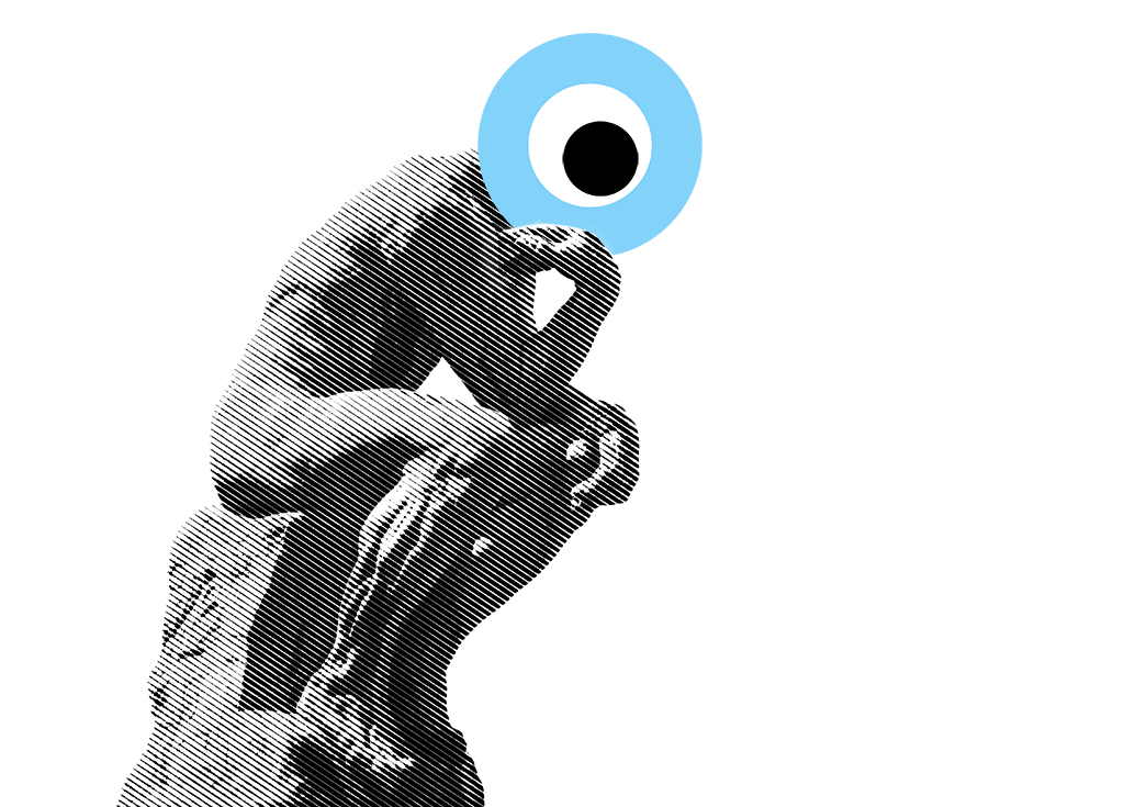 Die Statue des „Denkers“ mit dem runden Endegut-Logo als Kopf