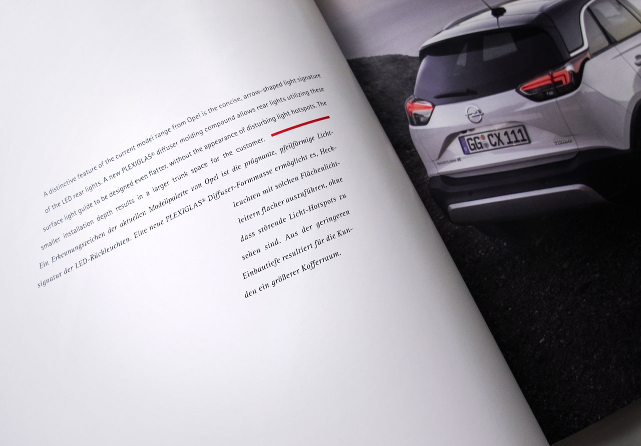 The Book of Possibilities – Inspiring Design with PLEXIGLAS®: Doppelseite über Rückleuchten von Opel